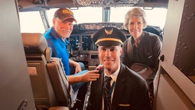 Video: California pilot delivers touching announcement honoring parents who were on his flight for first time