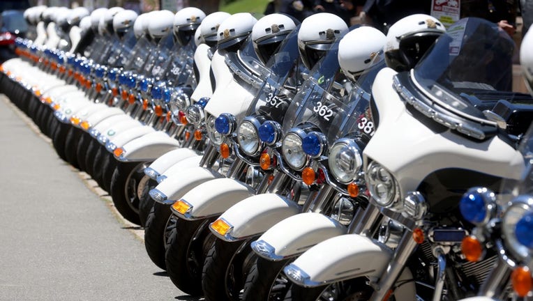 This is a photo of SFPD motorcycles line up before an escort.