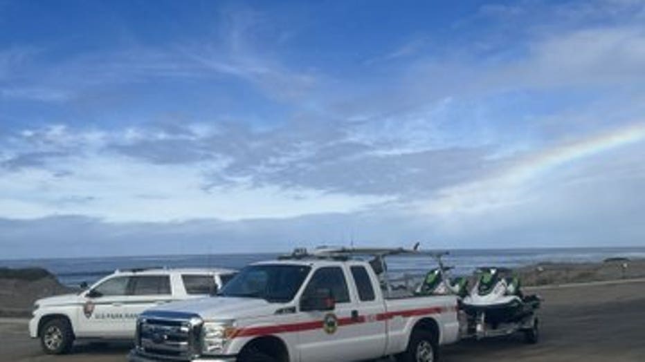 This is an image of Marin County Fire Department responds to a call of a person swept into the water near Point Reyes