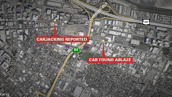 Car found ablaze after violent carjacking in Redwood City