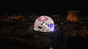 Giant 49ers helmet diplayed at the Sphere in Las Vegas as Super Bowl excitement builds