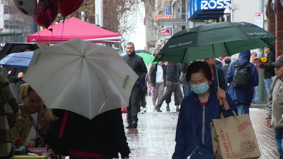 rain falling on pedestrians in san francisco