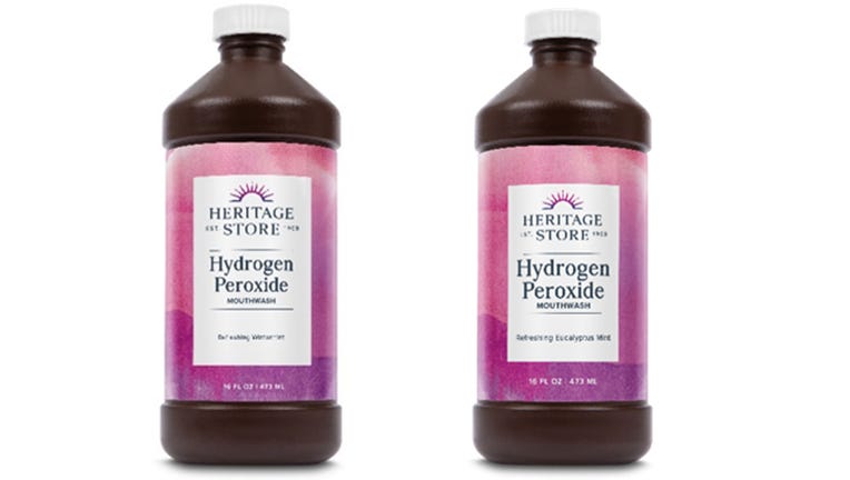 The recalled Heritage Store Hydrogen Peroxide Mouthwash in Eucalyptus Mint and Wintermint flavors are pictured in provided images. (Credit: U.S. Consumer Product Safety Commission)