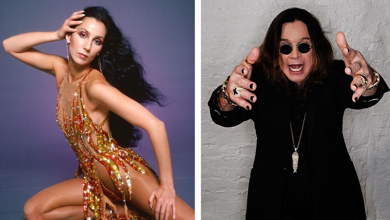 (Left) Singer and actress Cher poses for a Fashion Session in a Bob Mackie Creation on April 9, 1978, in Los Angeles, California. (Photo by Harry Langdon/Getty Images) (Right) Ozzy Osbourne visits the Tribeca Film Festival 2011 portrait studio on April 25, 2011, in New York City. (Photo by Larry Busacca/Getty Images for Tribeca Film Festival)