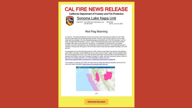 Red flag warning issued for Solano County due to high winds, low humidity