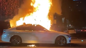 Video: Car fully engulfed in flames in Oakland sideshow