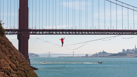 Stunning scene: Walking high over the water near Golden Gate Bridge