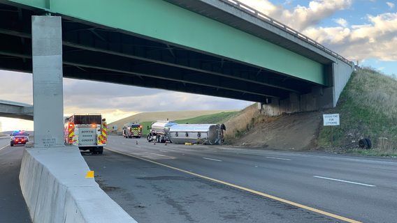 Overturned tanker truck on I-205 closes lanes near Altamont Pass