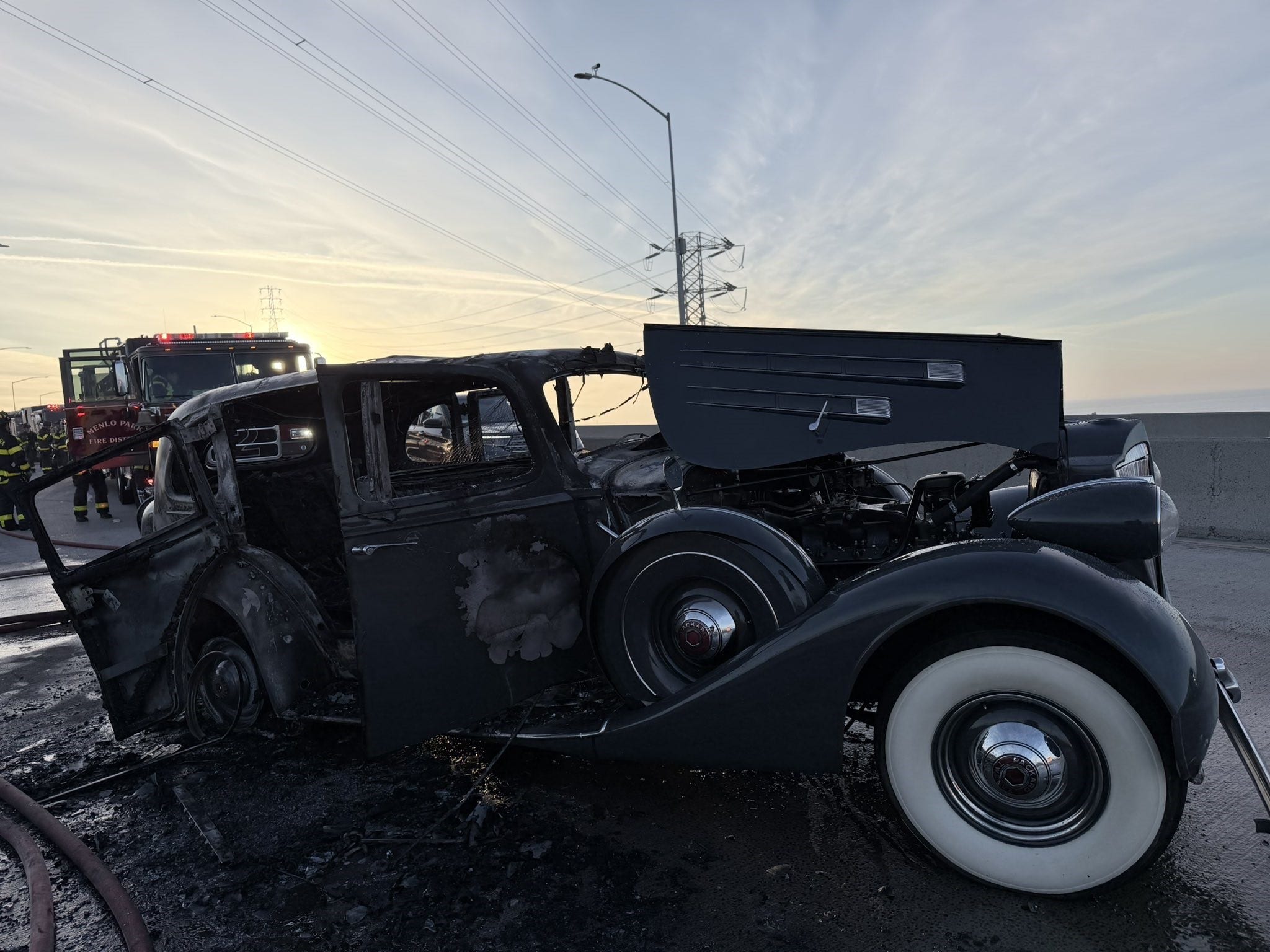Crash on Dumbarton Bridge leaves classic Packard torched