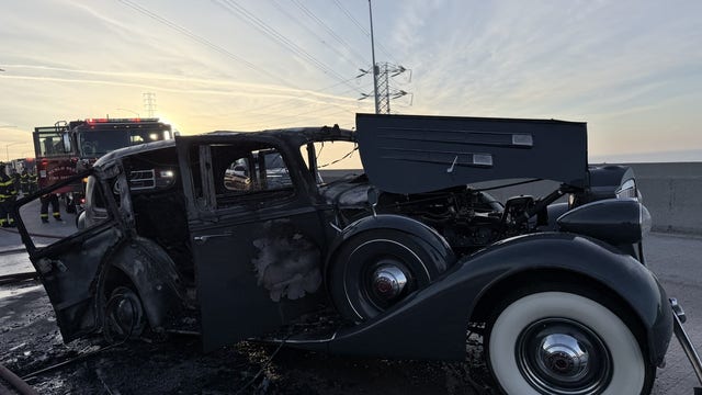 Crash on Dumbarton Bridge leaves classic Packard torched