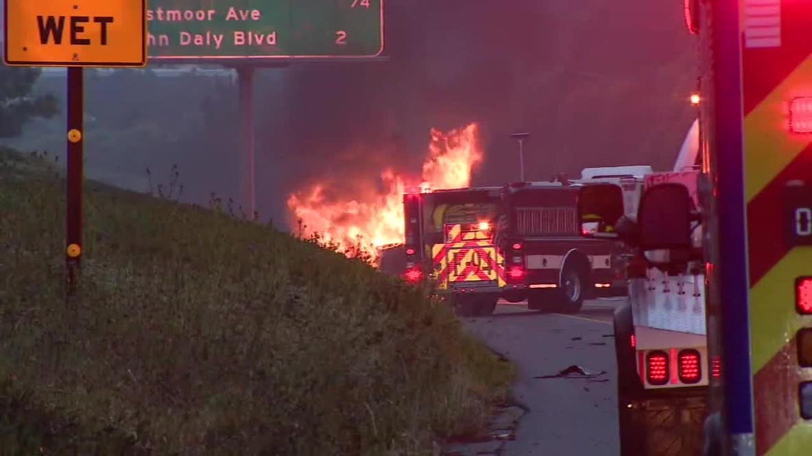 Tesla engulfed in flames shuts down part of I-280 in Daly City