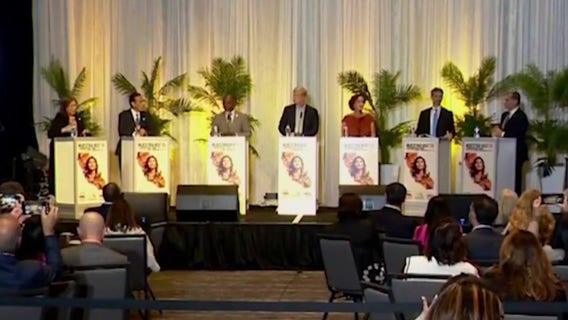 Crowded governor’s race moves forward without Swalwell as candidates face off in Sacramento