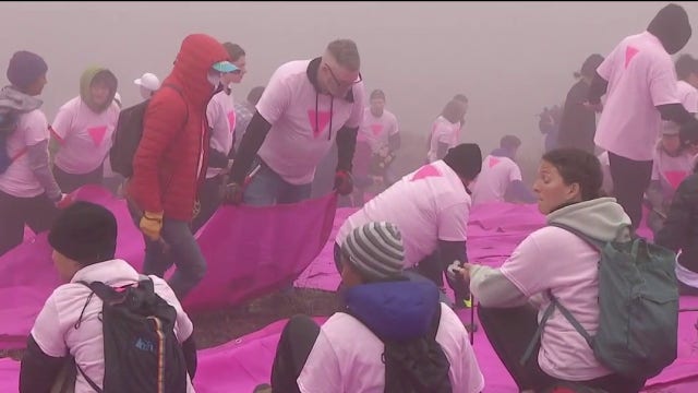 Volunteer to set up San Francisco's Pink Triangle for Pride month