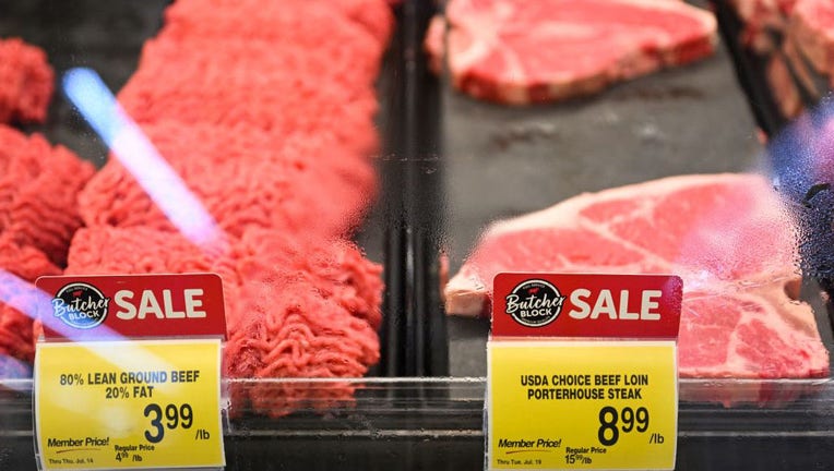 FILE - Ground beef and steak for sale at a grocery store on July 13, 2022, in Redondo Beach, California. (Photo by PATRICK T. FALLON/AFP via Getty Images)