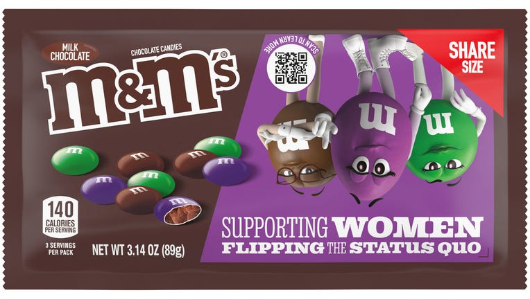 The all-female, limited-edition packs will feature the three female characters - Purple, Brown and Green – on the packs, with purple, brown, and green candies within, M&M said. (Credit: Provided / M&M)