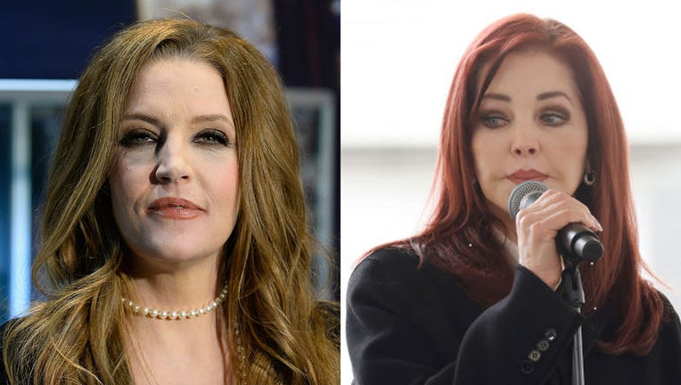 (L) Singer Lisa Marie Presley attends the ribbon-cutting ceremony during the grand opening of "Graceland Presents ELVIS: The Exhibition - The Show - The Experience" at the Westgate Las Vegas Resort & Casino on April 23, 2015, in Las Vegas, Nevada. (Photo by Bryan Steffy/WireImage) (R) Priscilla Presley speaks at the public memorial for Lisa Marie Presley at Graceland on Jan. 22, 2023, in Memphis, Tennessee. (Photo by Jason Kempin/Getty Images for ABA)