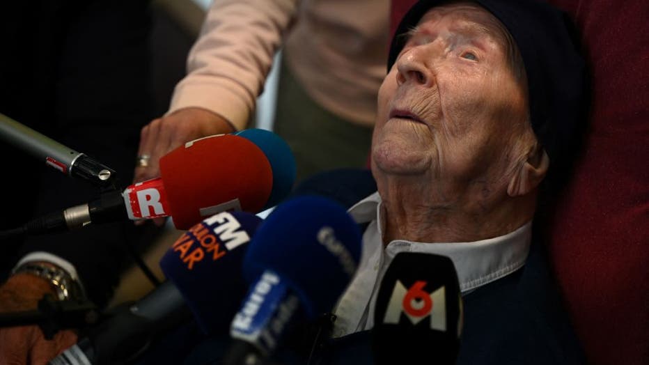 French catholic nun Lucile Randon speaks to the press at the Saint-Catherine-Laboure nursing home where she lives in Toulon, southern France, on April 26, 2022, after becoming the world's oldest known person at 118 following the death announced the day before of a Japanese woman one year her senior. (Photo by CHRISTOPHE SIMON/AFP via Getty Images)