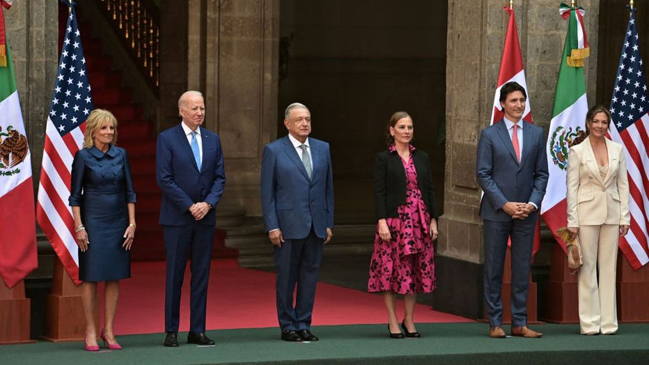(L to R) US First Lady Jill Biden, US President Joe Biden, Mexico's President Andres Manuel Lopez Obrador, and First Lady Beatriz Gutierrez Muller, Canada's Prime Minister Justin Trudeau and his wife Sophie Gregoire pose for a picture at the National Palace in Mexico City, on Jan. 10, 2023, during the 10th North American Leaders Summit. (Photo by NICOLAS ASFOURI/AFP via Getty Images)