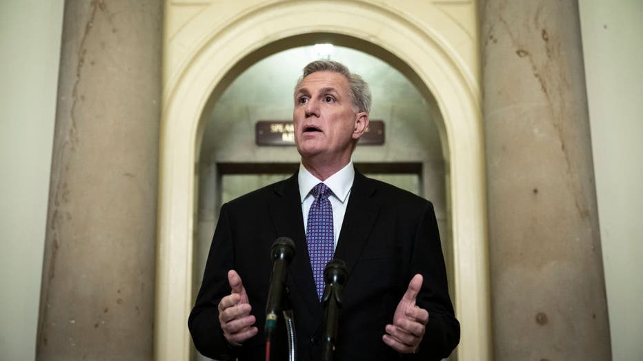 Speaker of the House Kevin McCarthy (R-CA) speaks during a news conference outside of his office at the U.S. Capitol on Jan. 24, 2023 in Washington, DC. McCarthy spoke on a range of issues, including committee assignments and Rep. George Santos (R-NY). (Photo by Drew Angerer/Getty Images)