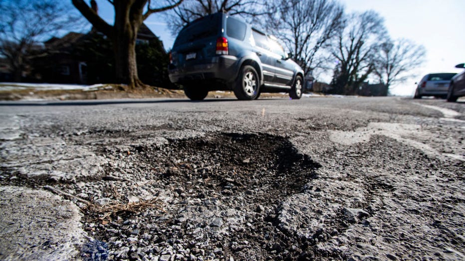 FILE - A pothole in the street on Feb. 2, 2022, in Spring Township, PA. (Photo by Ben Hasty/MediaNews Group/Reading Eagle via Getty Images)