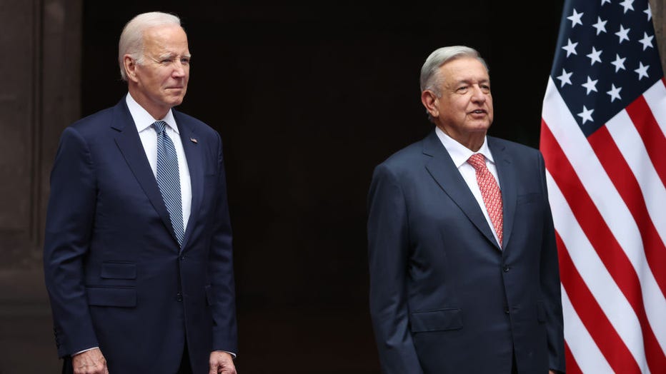 U.S. President Joe Biden and President of Mexico Andres Manuel Lopez Obrador pose during a welcome ceremony as part of the '2023 North American Leaders' Summit at Palacio Nacional on Jan. 9, 2023, in Mexico City, Mexico. (Photo by Hector Vivas/Getty Images)