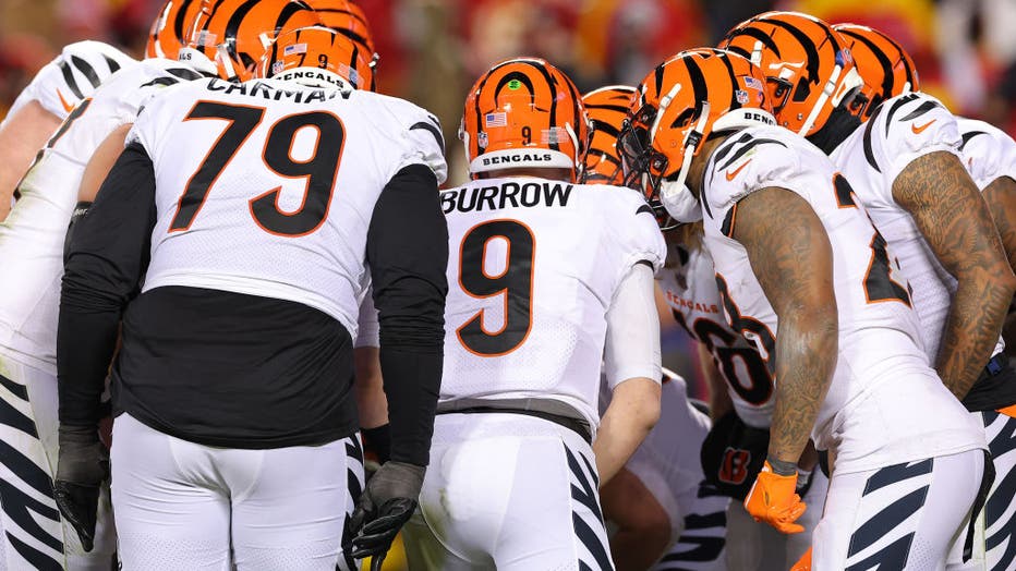 The Cincinnati Bengals offense huddles during the fourth quarter against the Kansas City Chiefs in the AFC Championship Game at GEHA Field at Arrowhead Stadium on Jan. 29, 2023, in Kansas City, Missouri. (Photo by Kevin C. Cox/Getty Images)