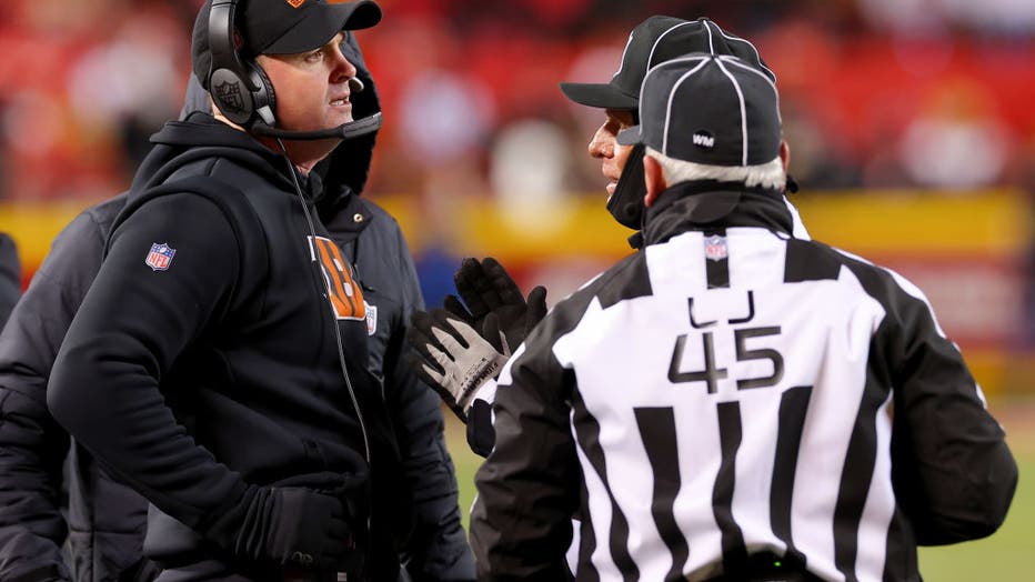 Head coach Zac Taylor of the Cincinnati Bengals talks with referees during the fourth quarter against the Kansas City Chiefs in the AFC Championship Game at GEHA Field at Arrowhead Stadium on January 29, 2023 in Kansas City, Missouri. (Photo by Kevin C. Cox/Getty Images)