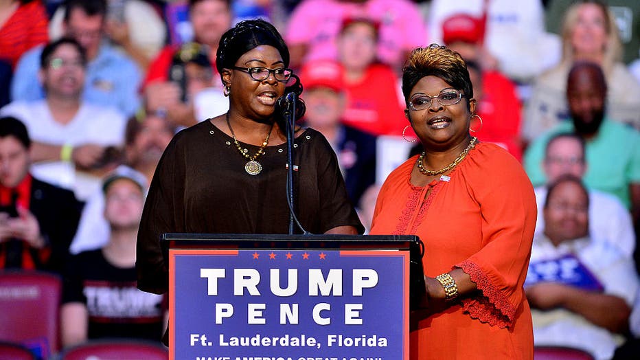 FILE - Diamond and Silk speak during Donald J. Trump campaign event at the BB&T Center on Aug. 10, 2016, in Fort Lauderdale, Florida. (Photo by Johnny Louis/WireImage)