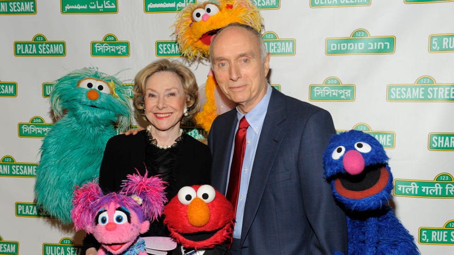 (L-R) Rosita, Abby Cadabby, Joan Ganz Cooney, Elmo, Lloyd Morrisett, Zoe and Grover attend SESAME WORKSHOP'S 7th Annual Benefit Gala at Cipriani 42nd Street on May 27, 2009, in New York. (Photo by ZACH HYMAN/Patrick McMullan via Getty Images)