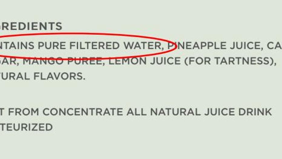 The ingredients of the Simply Tropical juice product are shown in an image provided in the complaint. 