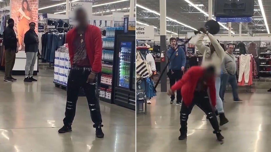 The knife-wielding man is pictured in screengrabs from a video recorded at a Walmart store in Columbia, South Carolina, on Jan. 4, 2023. (Credit: La’QuandaLuxe via Storyful)