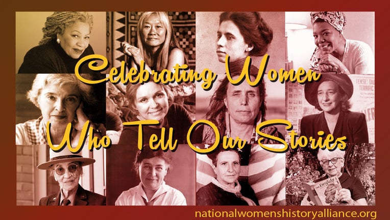 The Women’s History Month 2023 logo. Top: Toni Morrison, Maxine Hong Kingston, Jovita Idar, Maya Angelou. Middle: Gerda Lerner, Gloria Steinem, Winona La Duke, Lillian Hellman. Bottom: Betty Soskin, Willa Cather, Gertrude Stein, Marjory Stoneman Douglas ​(Credit: Provided image/National Women’s History Alliance)