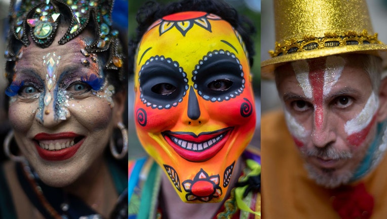 Revelers pose for a portrait during a street carnival parade of the "Loucura Suburbana" (Suburban Craziness) block at the Engenho de Dentro neighborhood in Rio de Janeiro, Brazil, on Feb. 16, 2023. (Photos by MAURO PIMENTEL/AFP via Getty Images)