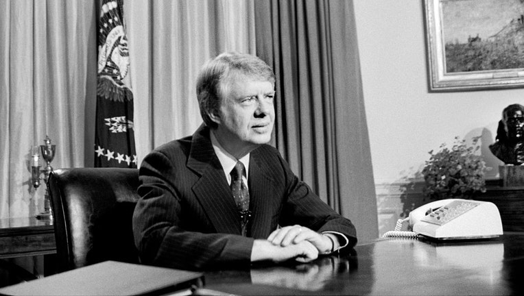 U.S. President Jimmy Carter in the Oval Office during a TV Speech at the White House in Washington, D.C., on April 18, 1977. (Photo by: Universal History Archive/Universal Images Group via Getty Images)