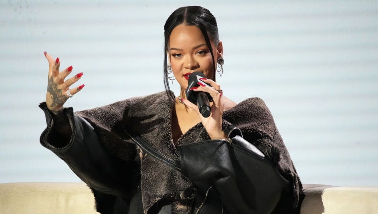 Rihanna speaks onstage during the press conference for Apple Music Super Bowl LVII Halftime Show at Phoenix Convention Center on Feb. 9, 2023 in Phoenix, Arizona. (Photo by Jeff Kravitz/FilmMagic)