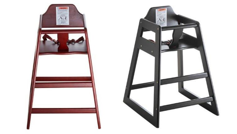 (L) The recalled Lancaster Table & Seating High Chairs Model 164HIGHCMO – Mahogany (assembled), and (R) Lancaster Table & Seating High Chairs Model 164HIGHCBK – Black (assembled). (Credit: CPSC)