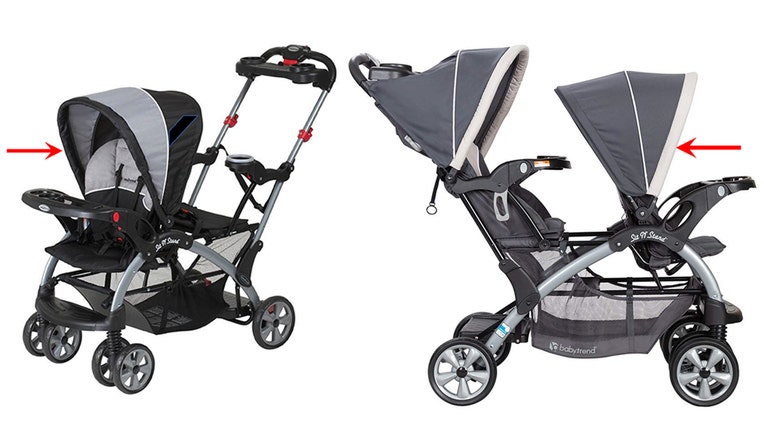 (L) Baby Trend Sit N’ Stand Ultra stroller, model number beginning SS66. (R) Side View of Baby Trend Sit N’ Stand Double stroller, model number beginning SS76. (Credit: U.S. Consumer Product Safety Commission)