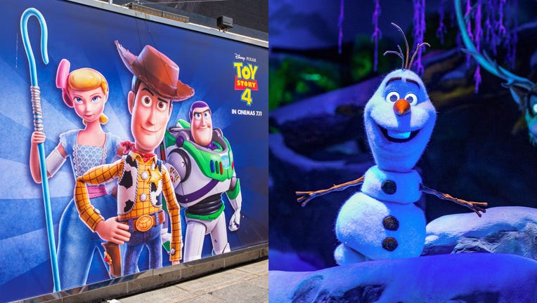 (L) An image of Sheriff Woody, Buzz Lightyear and Bo Peep on July 6, 2019, in Hong Kong. (Photo by Daniel Fung/SOPA Images/LightRocket via Getty Images) (R) In this handout photo provided by Disney Parks, Frozen Ever After takes guests through the kingdom of Arendelle from the Disney animated hit, "Frozen." (Photo by Matt Stroshane/Disney Parks via Getty Images)