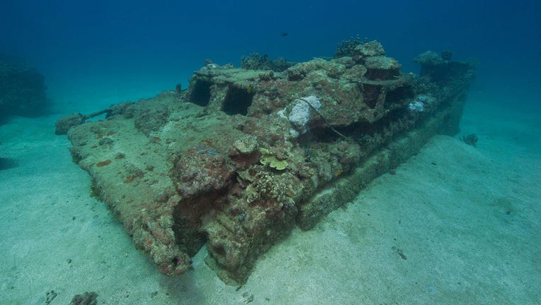 This Amtrac amphibious tractor is submerged beneath about 50 feet of water within the Agat Unit of War in the Pacific National Historical Park and is one of the few currently known underwater relics from the battle. Image courtesy of National Park Service.