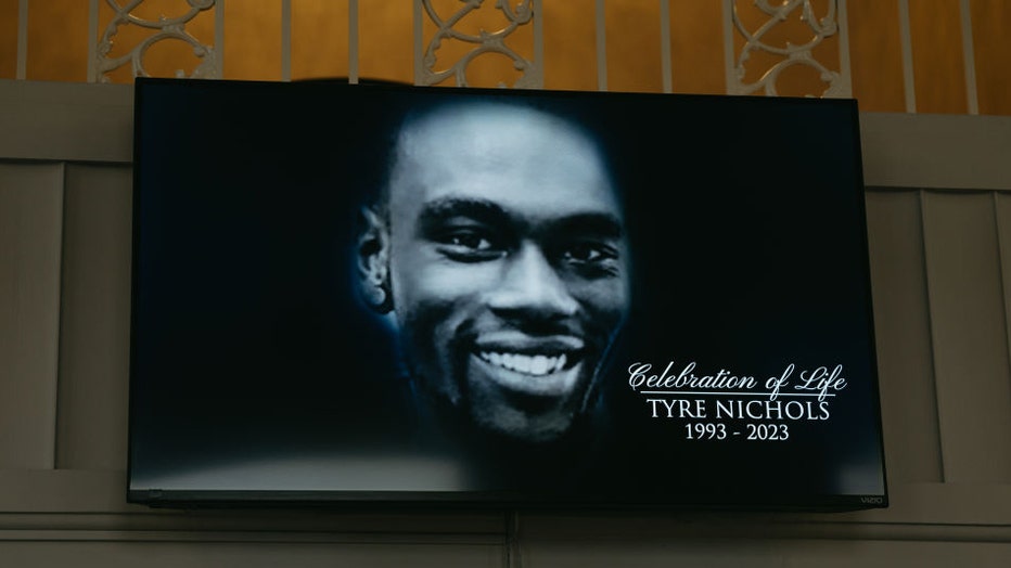 A screen at the entrance of Mississippi Boulevard Christian Church displays the celebration of life for Tyre Nichols on Feb. 1, 2023, in Memphis, Tennessee. (Photo by Lucy Garrett/Getty Images)