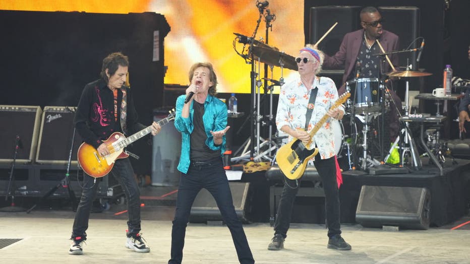 Aug. 3, 2022, Berlin: Ron Wood (l-r), Mick Jagger and Keith Richards of the band Rolling Stones perform during the anniversary tour "Sixty" at the beginning of the concert at the Waldbühne in Berlin. Behind them sits Steve Jordan on drums. (Photo by Soeren Stache/picture alliance via Getty Images)
