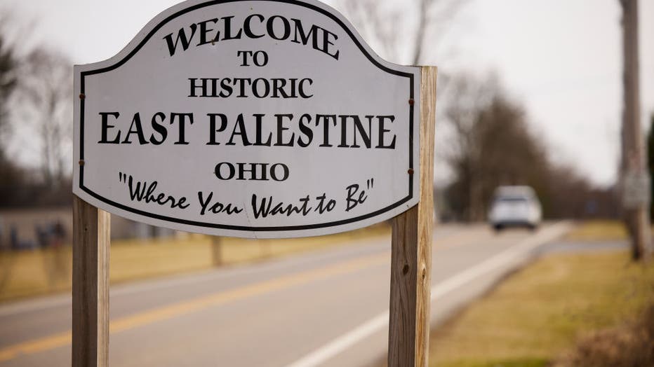 A sign welcomes visitors to the town of East Palestine on Feb. 14, 2023, in East Palestine, Ohio. (Photo by Angelo Merendino/Getty Images)