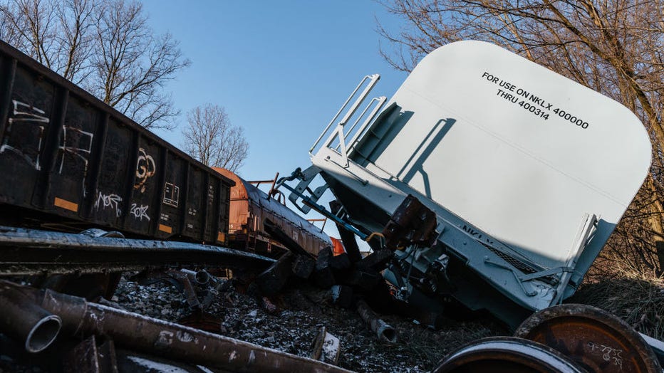 A train derails in Michigan with several cars veering off track in Van Buren Township, in Michigan, United States on Feb. 18, 2023. There were no immediate reported injuries or release of hazardous materials. (Photo by Nick Hagen/Anadolu Agency via Getty Images)