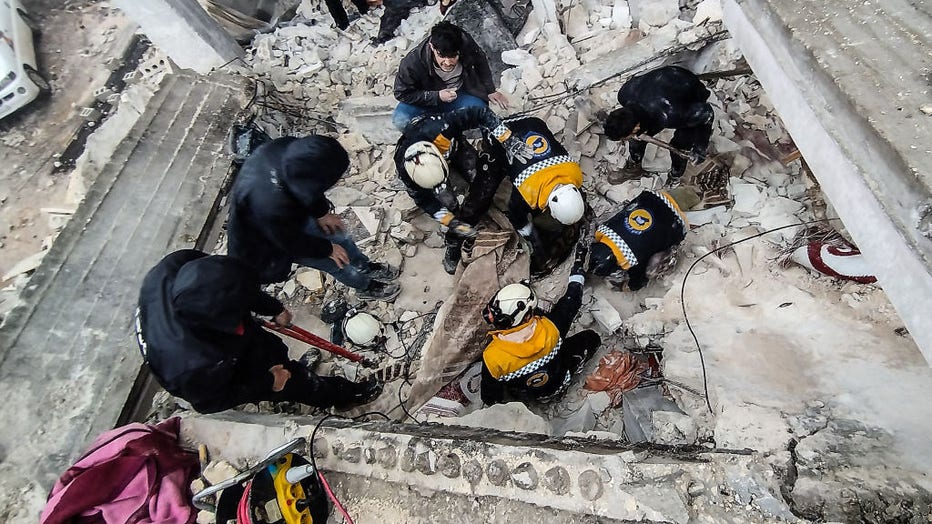 The scene after houses were destroyed in an earthquake with a magnitude of 7.8 that occurred in the Pazarck district of Kahramanmara in Turkey. (Photo by Ugur Yildirim/ dia images via Getty Images)