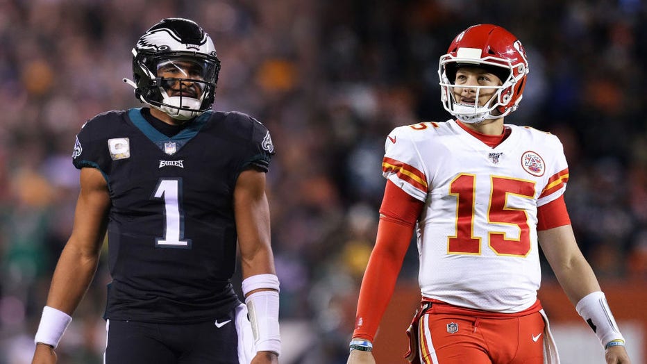 FILE PHOTO - In this composite image, quarterback Jalen Hurts #1 of the Philadelphia Eagles (L) and quarterback Patrick Mahomes #15 of the Kansas City Chiefs (R) are pictured. They will meet in Super Bowl LVII on Feb. 12, 2023, at State Farm Stadium in Glendale, Arizona. (Photo by Dylan Buell/Getty Images)