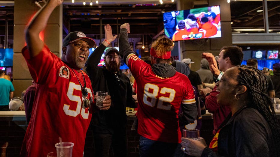 Fans celebrate the Kansas City Chiefs winning the Super Bowl LVII against the Philadelphia Eagles 38-35 at State Farm Stadium on Feb. 12, 2023, in Glendale, Arizona (Photo by Tasos Katopodis/Getty Images)