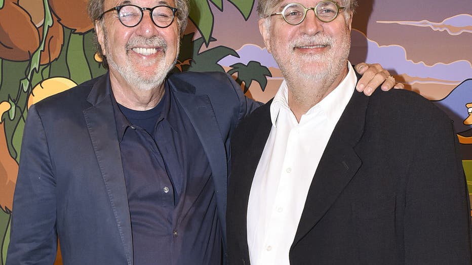 "The Simpsons" executive producer James L.Brooks (L) and creator Matt Groening attend the celebration of the 600th episode of "The Simpsons" at YouTube Space LA on Oct. 14, 2016, in Los Angeles, California. (Photo by Rodin Eckenroth/WireImage)