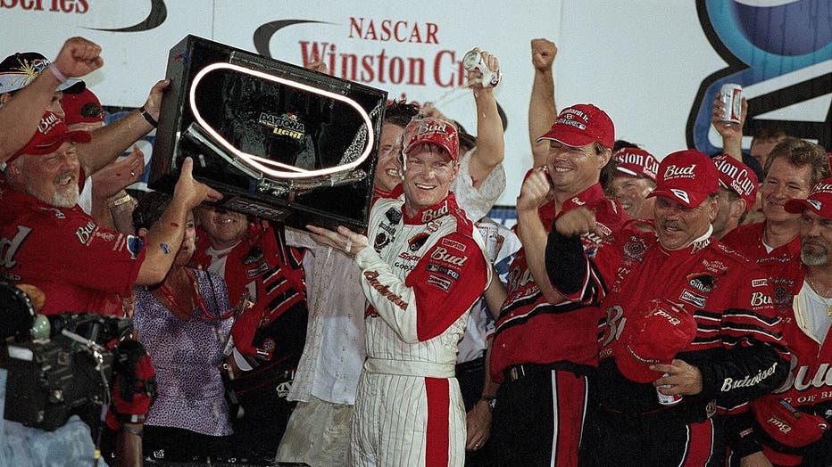 NASCAR Pepsi 400, Dale Earhardt Jr, victorious with the trophy after a race in Daytona, FL, on July 7, 2001. (Photo by Bob Rosato/Sports Illustrated via Getty Images) 