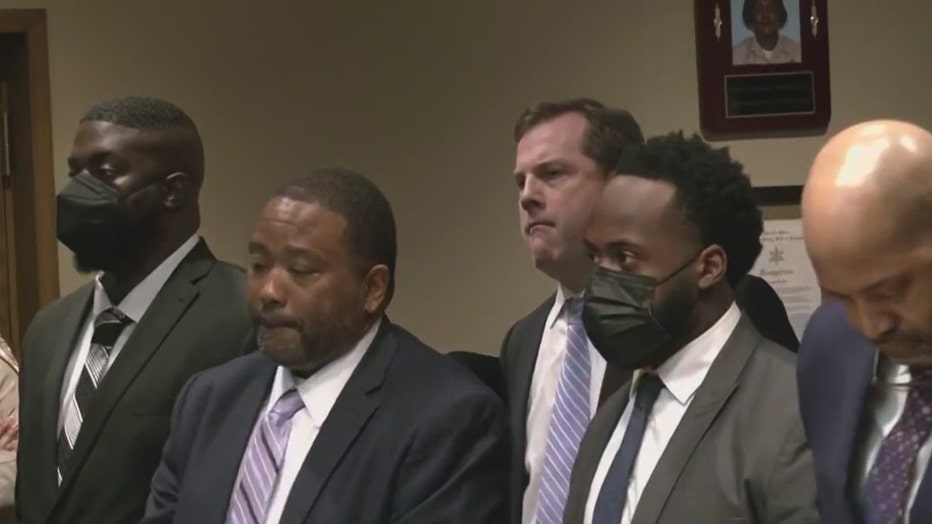 Some of the former Memphis police officers are pictured with their lawyers during a court appearance on Feb. 17, 2023, in Shelby County Criminal Court. (Credit: LiveNOW from FOX)