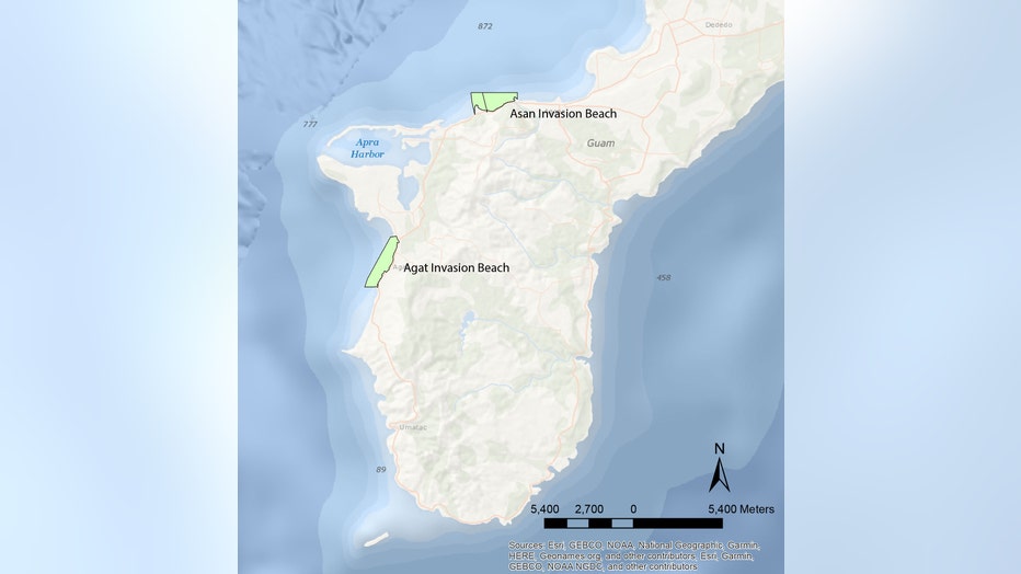 The project study areas for Guam: A Biogeographic and Maritime Cultural Landscape Exploration of a World War II Amphibious Battlefield are the landing beaches of Asan and Agat, shown here. Map courtesy of National Park Service.